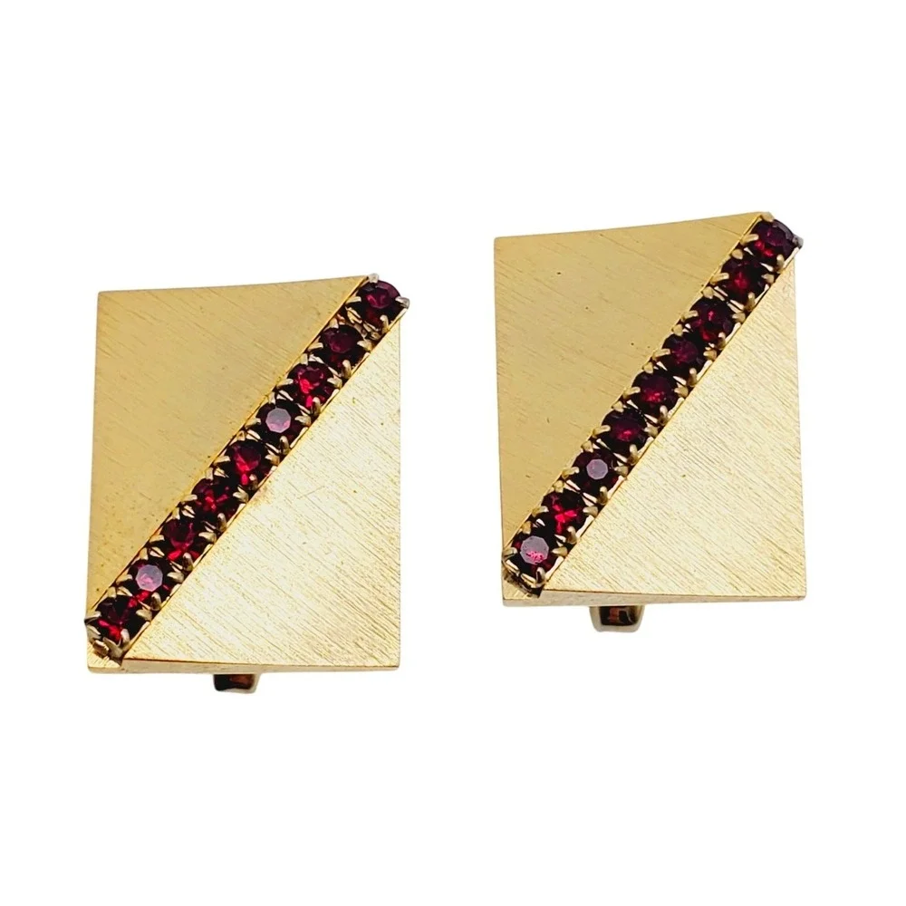 Sarah Coventry Brushed Gold Tone Cufflinks Square Rectangular Red Glass Matador